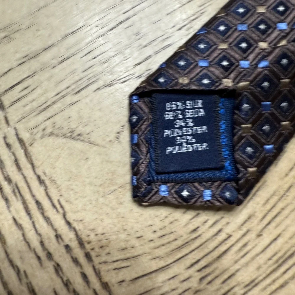 Saddlebred Mens‎ Brown Blue Silk Blend Geometric Pattern Necktie Formal